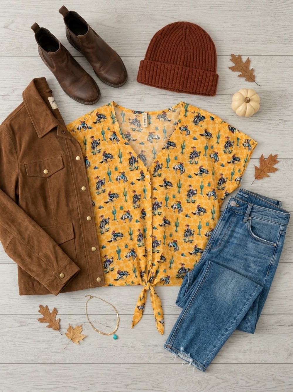 Roper Mustard Yellow Floral Tie-Front Crop Top